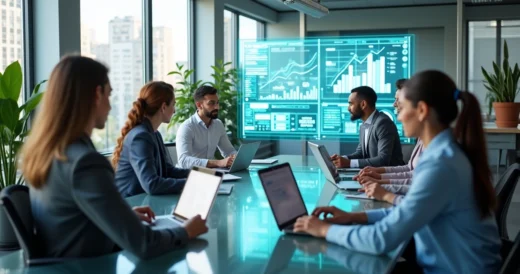 Equipe de profissionais de RH reunida em mesa moderna com laptops e gráficos digitais para educação corporativa