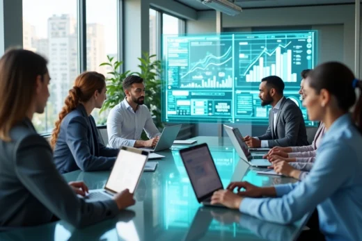 Equipe de profissionais de RH reunida em mesa moderna com laptops e gráficos digitais para educação corporativa