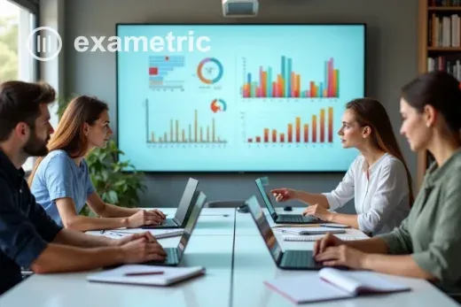 Professores analisando gráficos em sala de reunião