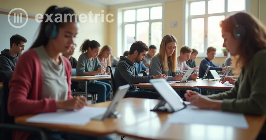 Sala de aula adaptada para provas inclusivas, com mesas acessíveis e diferentes recursos visuais
