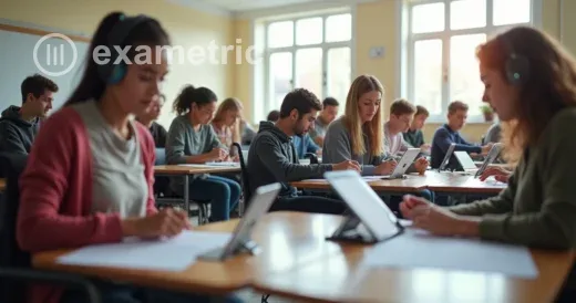 Sala de aula adaptada para provas inclusivas, com mesas acessíveis e diferentes recursos visuais