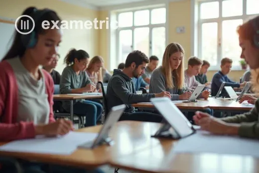 Sala de aula adaptada para provas inclusivas, com mesas acessíveis e diferentes recursos visuais