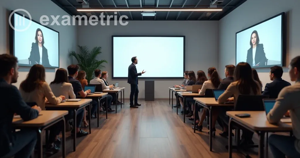 Sala dividida entre treinamento presencial e outra metade com pessoas participando de treinamento online