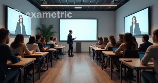 Sala dividida entre treinamento presencial e outra metade com pessoas participando de treinamento online