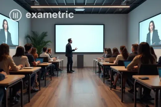 Sala dividida entre treinamento presencial e outra metade com pessoas participando de treinamento online