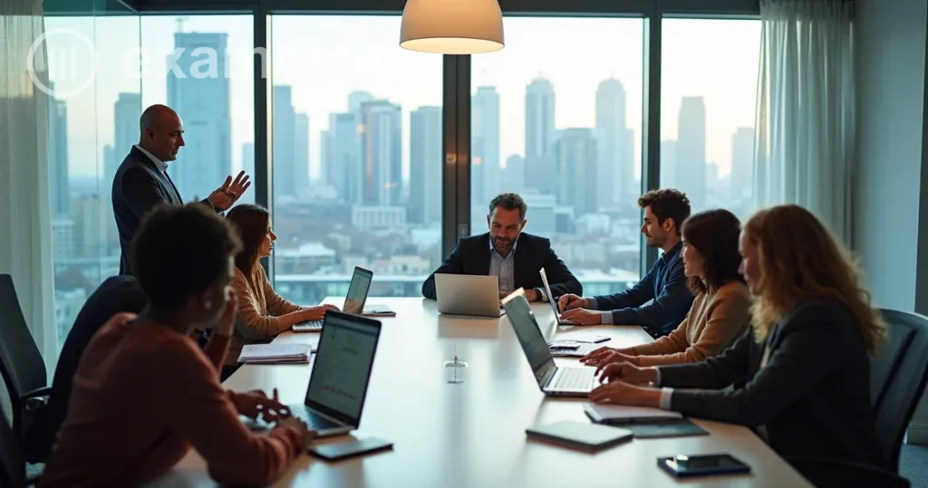 Soft e Hard Skills: Equipe diversa em sala de reunião colaborando em treinamento