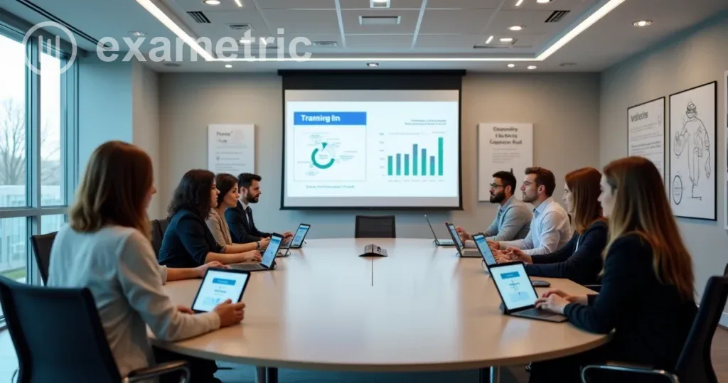 Educação Corporativa: equipe reunida em uma sala de treinamento com recursos digitais