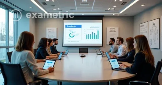 Equipe reunida em uma sala de treinamento com recursos digitais