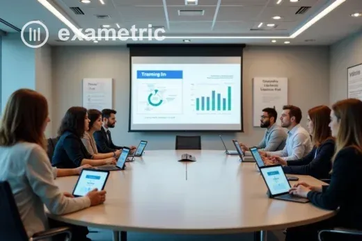 Equipe reunida em uma sala de treinamento com recursos digitais