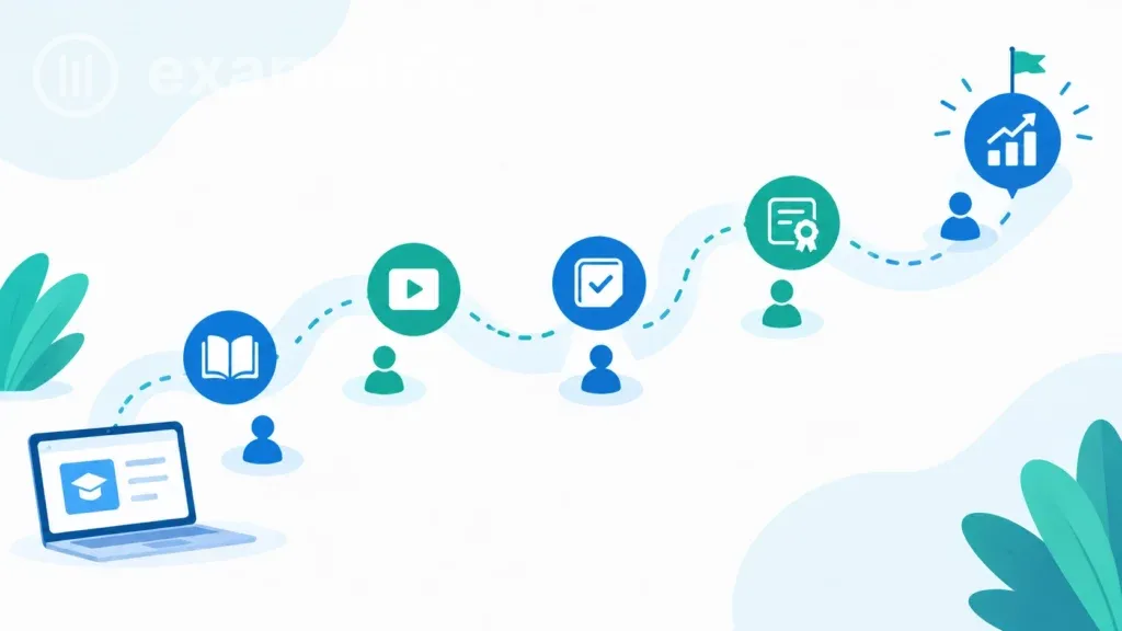 Ilustração de trilha de aprendizagem no LMS com colaboradores avançando até a meta