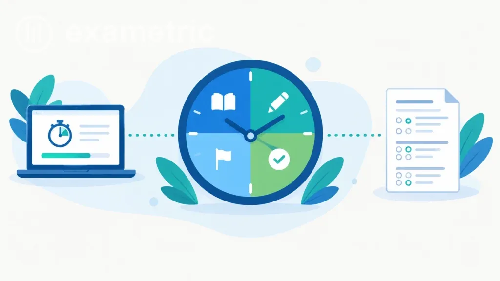 Ilustração de relógio dividido em etapas ligando prova online e presencial no tempo de prova