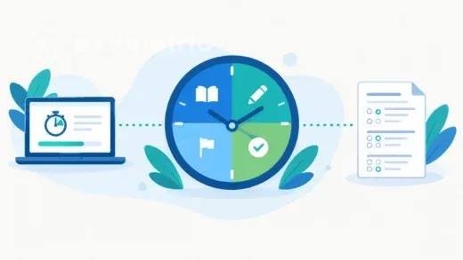Ilustração de relógio dividido em etapas ligando prova online e presencial no tempo de prova