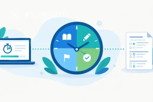 Ilustração de relógio dividido em etapas ligando prova online e presencial no tempo de prova