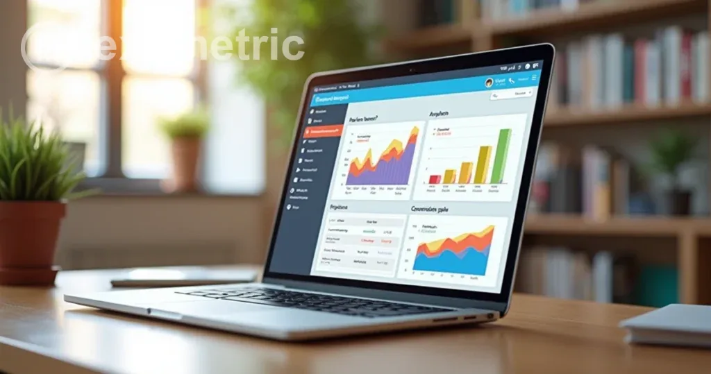 Plataformas educacionais, tela digital com dashboard de métricas, gráficos e ícones de recursos 