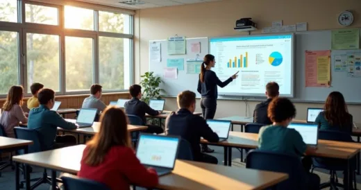 Aluno utilizando notebook e tablet para estudar com plataforma educacional em ambiente moderno de sala de aula