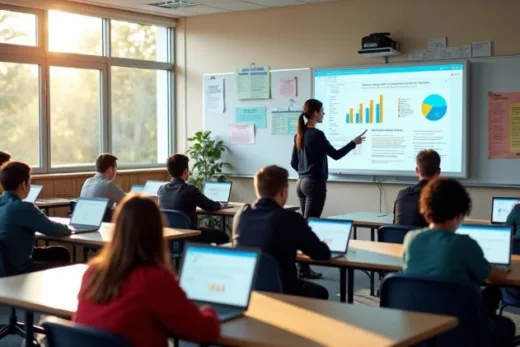 Aluno utilizando notebook e tablet para estudar com plataforma educacional em ambiente moderno de sala de aula