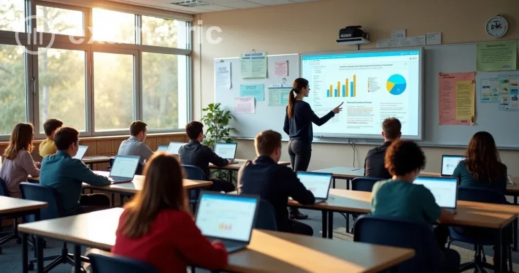 Plataformas avaliativas: Professor em ambiente moderno de sala de aula 