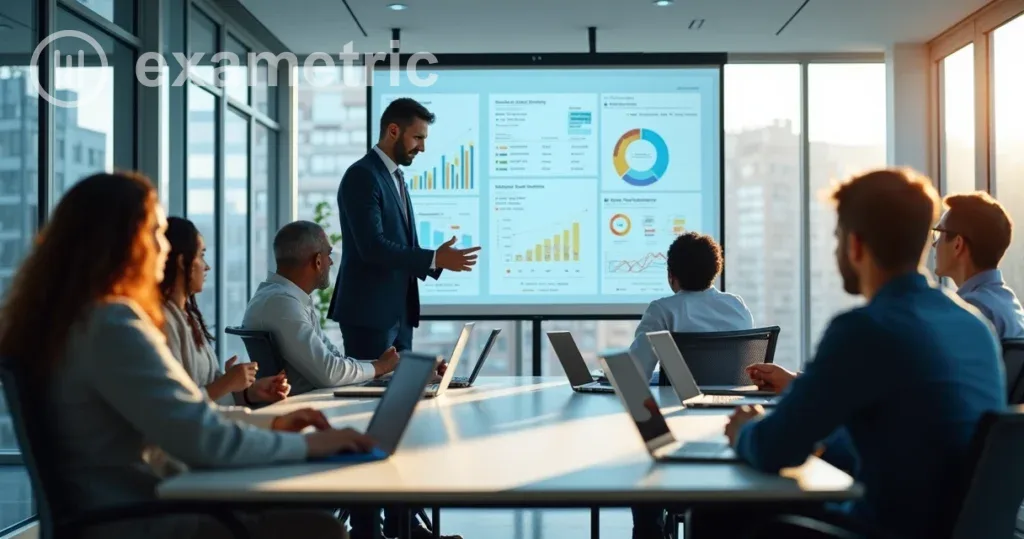 Equipe de funcionários em uma empresa treinando em ambiente digital com notebooks e tablets