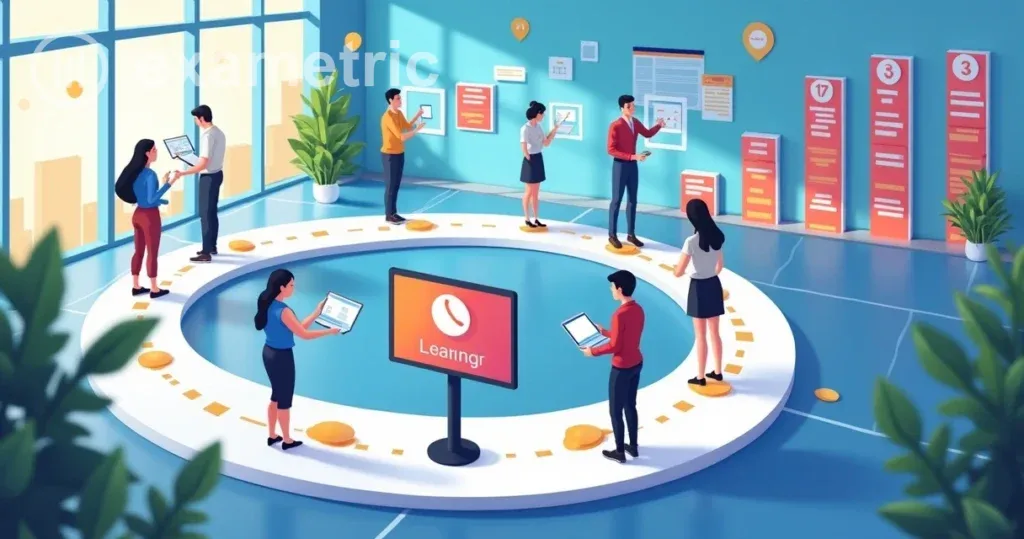 LMS: Trilha de aprendizagem visual com colaboradores interagindo ao longo do caminho