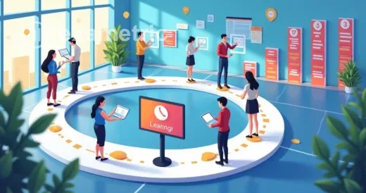 LMS: Trilha de aprendizagem visual com colaboradores interagindo ao longo do caminho