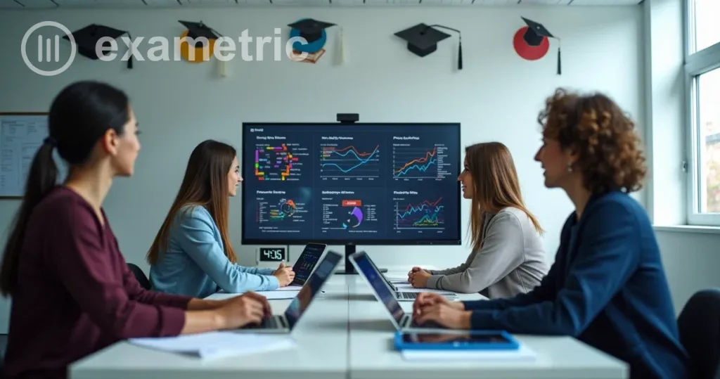 Banca avaliadora: Três professores em frente a computadores avaliando provas online com gráficos na tela