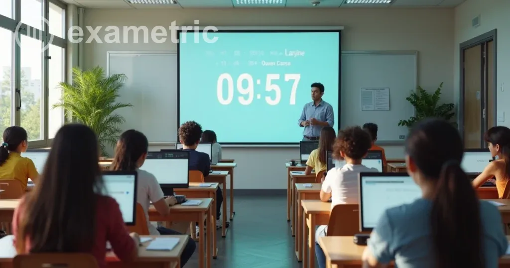 Sala de aula de curso técnico com alunos realizando avaliação digital em computadores