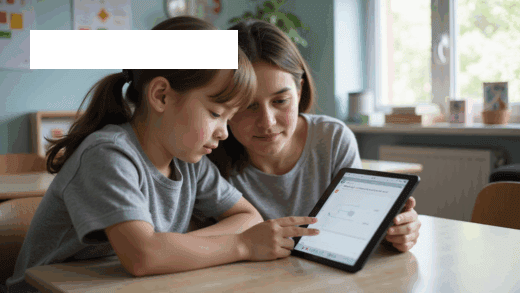 Coordenadora auxilia aluno com TEA em avaliação de acessibilidade digital no tablet