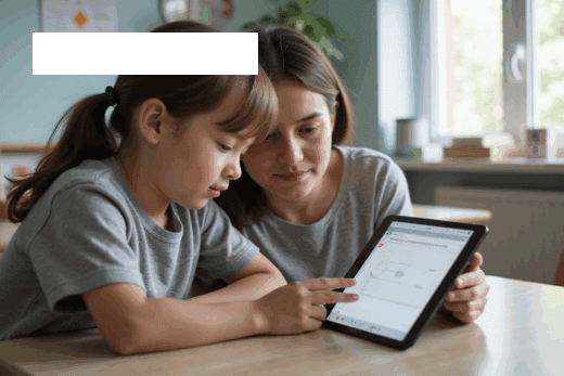 Coordenadora auxilia aluno com TEA em avaliação de acessibilidade digital no tablet