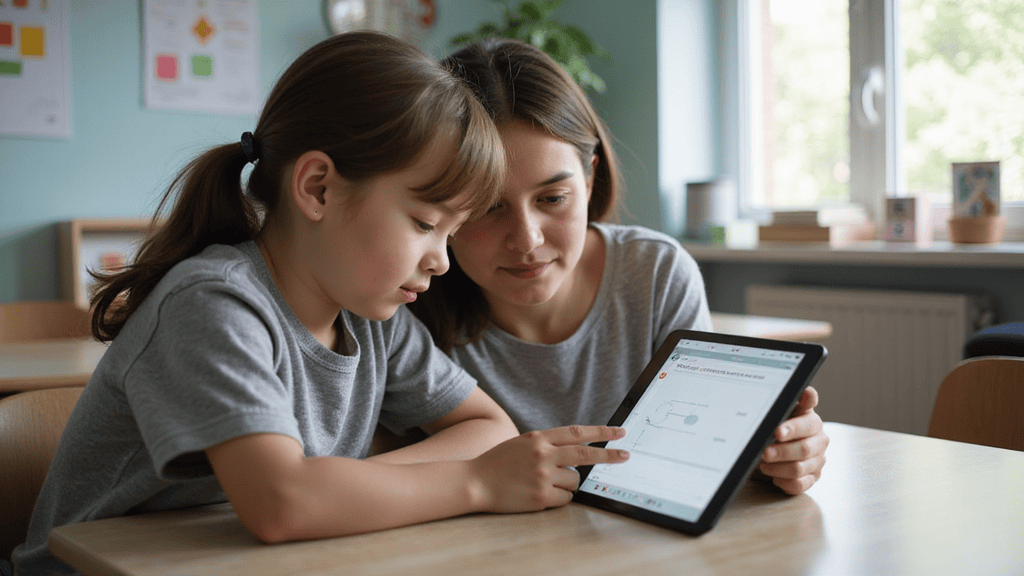 Coordenadora auxilia aluno com TEA em avaliação de acessibilidade digital no tablet