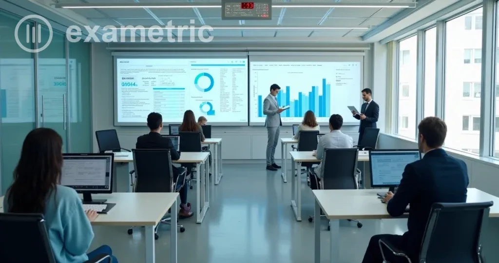 Processo seletivo online: Equipe de RH aplicando teste digital em computadores.