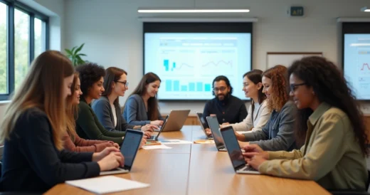 Grupo de professores reunidos em sala moderna, engajados com tablets e laptops para avaliação digital