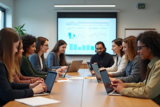 Grupo de professores reunidos em sala moderna, engajados com tablets e laptops para avaliação digital