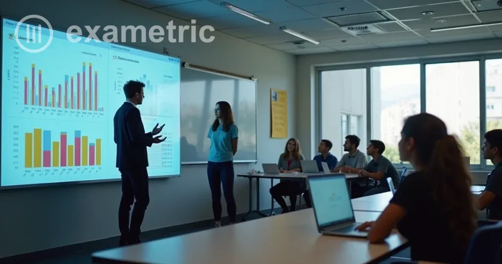 Educador observando painel digital de resultados de avaliação em sala de aula.