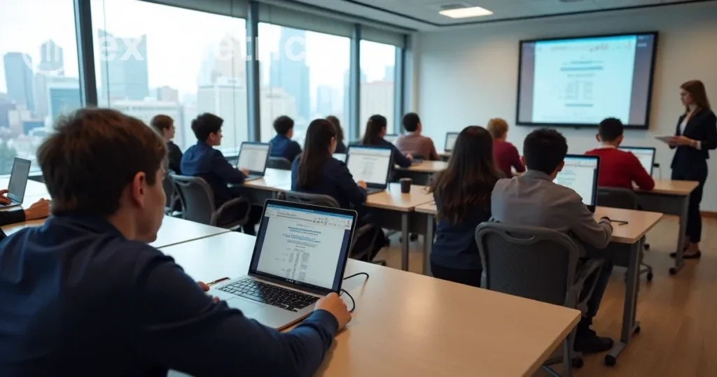 Ensino híbrido: Aluno realizando avaliação digital em ambiente escolar moderno.