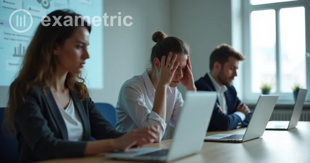 Fadiga Digital: Três colaboradores sentados olhando para frente com semblantes cansados em uma sala de treinamento digital, notebooks abertos à frente deles, luz natural suave entrando pela janela.