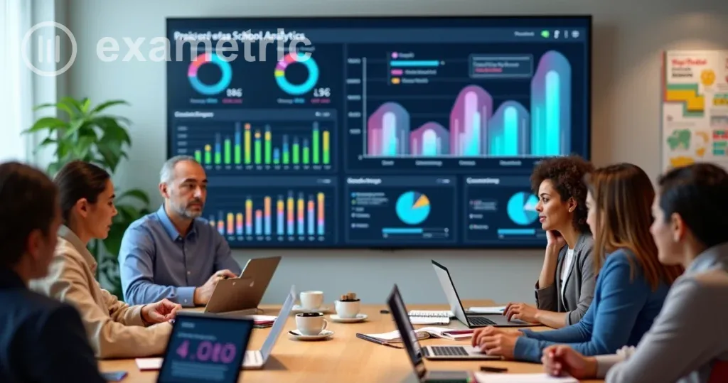 Evasão escolar: Gráfico colorido em tela de computador e professores observando atentamente.