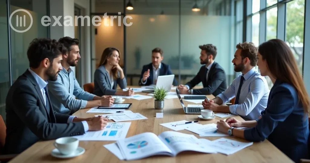 Avaliação Peer Review: Colegas discutem documentos e dados juntos em sala de reunião.