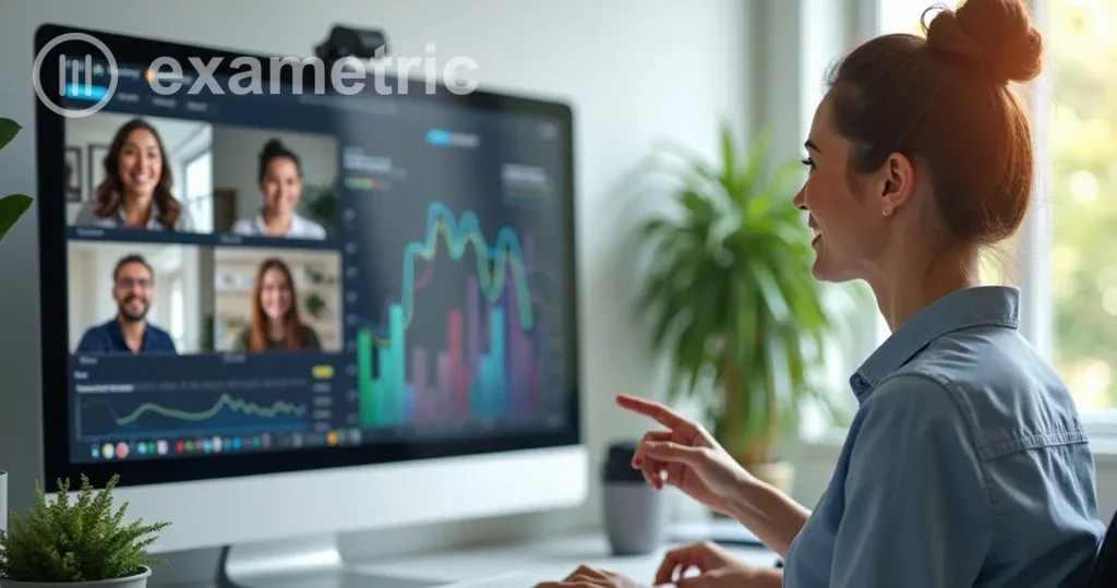 Instrutora mediando um treinamento online com colaboradores atentos e sorrisos leves, tela de computador exibe gráficos de acompanhamento em tempo real.