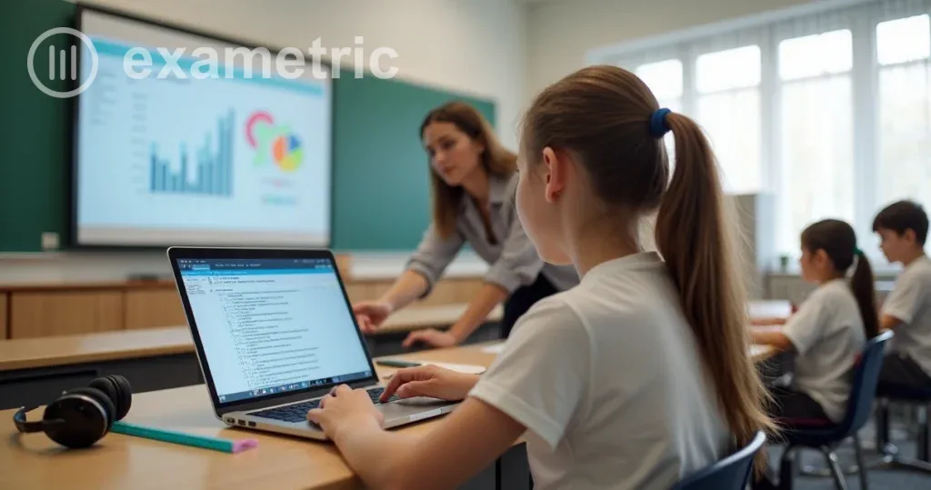 Professora em sala de aula orientando aluno com dislexia.