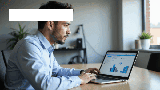 Gestor de RH analisa painel de feedback automatizado no notebook em escritório