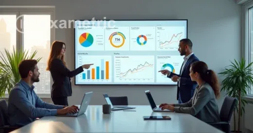 Equipe de RH analisando painel com feedbacks automatizados em escritório moderno