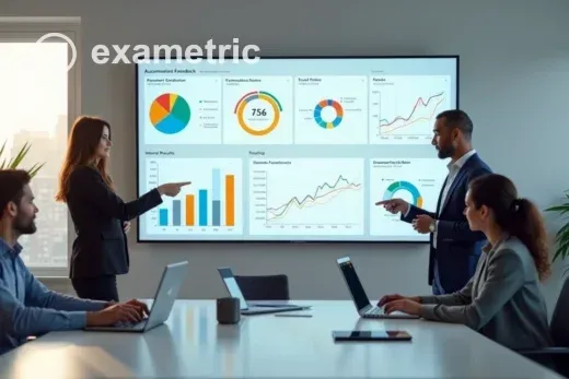 Equipe de RH analisando painel com feedbacks automatizados em escritório moderno