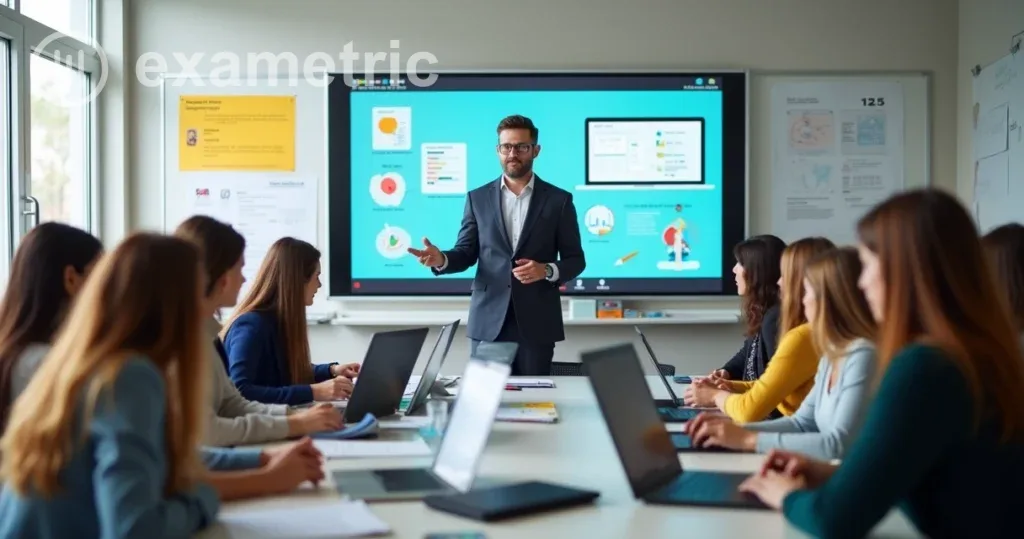 Professores reunidos em treinamento digital com coordenador à frente.