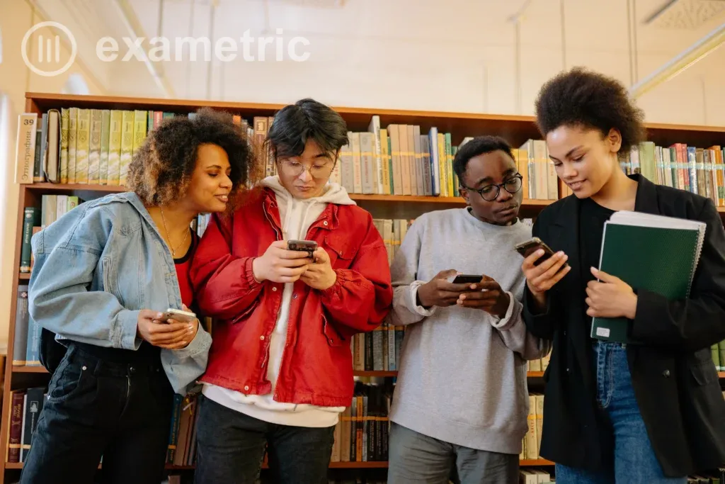 Jovens estudantes da Geração Z usando smartphones para avaliações digitais em ambiente educacional moderno