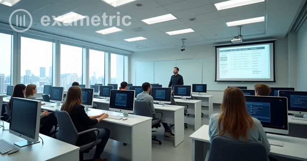 Sala organizada com computadores para aplicação de provas digitais.