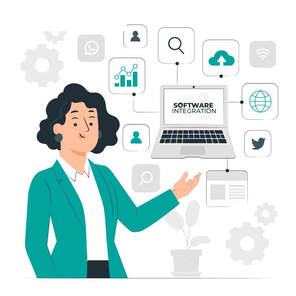 Ilustração de integração de avaliações online com sistemas acadêmicos mostrando personagem conectando plataformas digitais