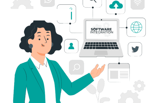 Ilustração de integração de avaliações online com sistemas acadêmicos mostrando personagem conectando plataformas digitais