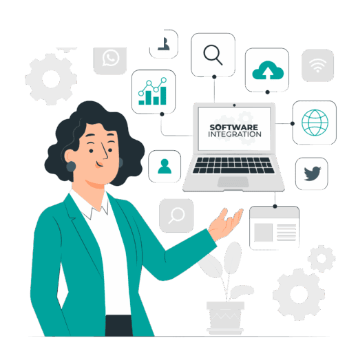 Ilustração de integração de avaliações online com sistemas acadêmicos mostrando personagem conectando plataformas digitais