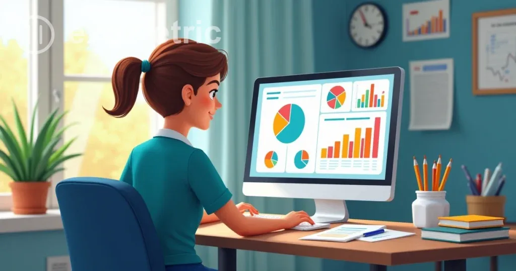 Coordenador pedagógico analisando dados educacionais no computador.