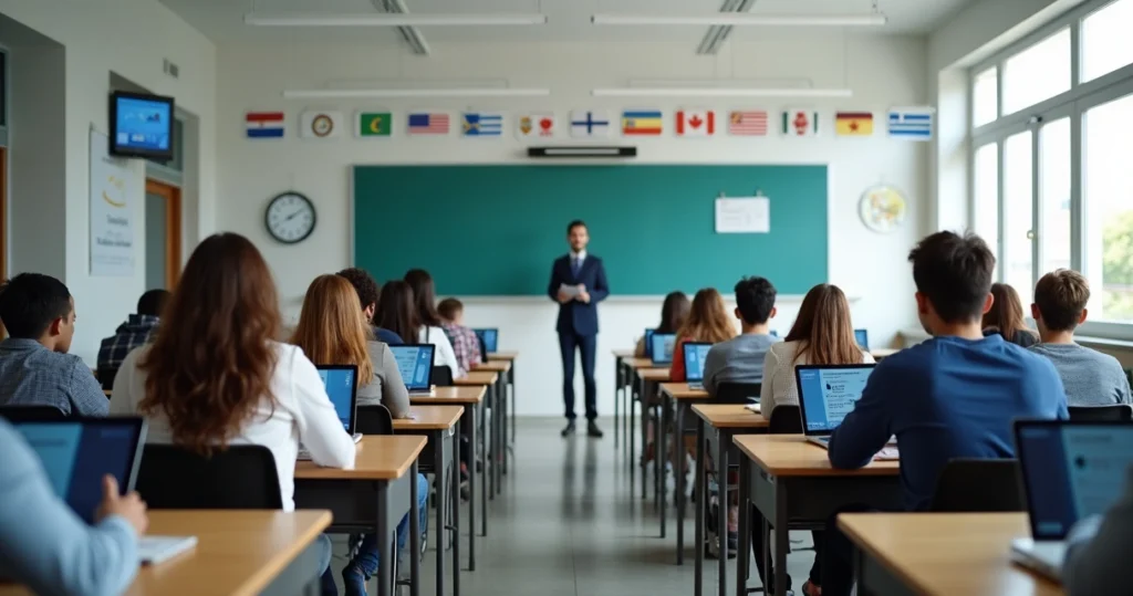 Avaliações digitais: Alunos realizando prova digital em diferentes idiomas na mesma sala.